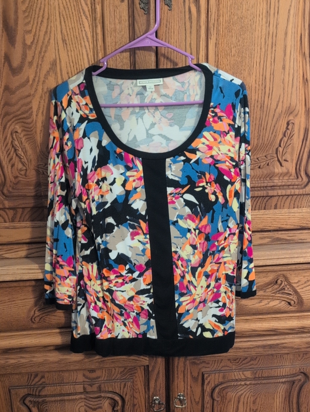 Dana Buchman Pastel Floral Scoop Top with Black Neckband